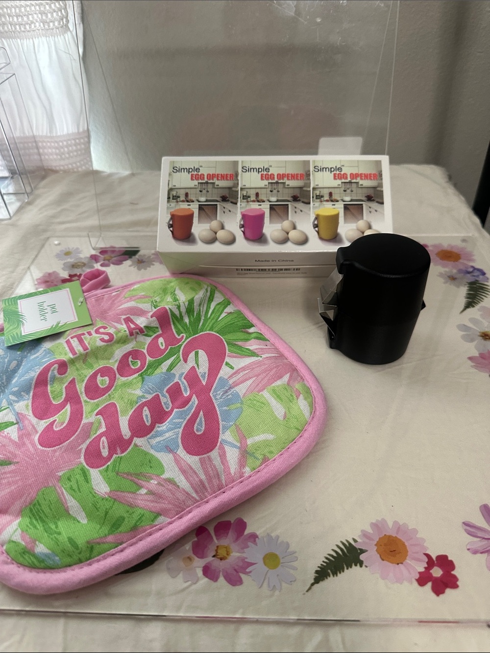 Bright Pink 'It's a Good Day' Oven Mitt / Pot Holder with 3 sets of egg openers